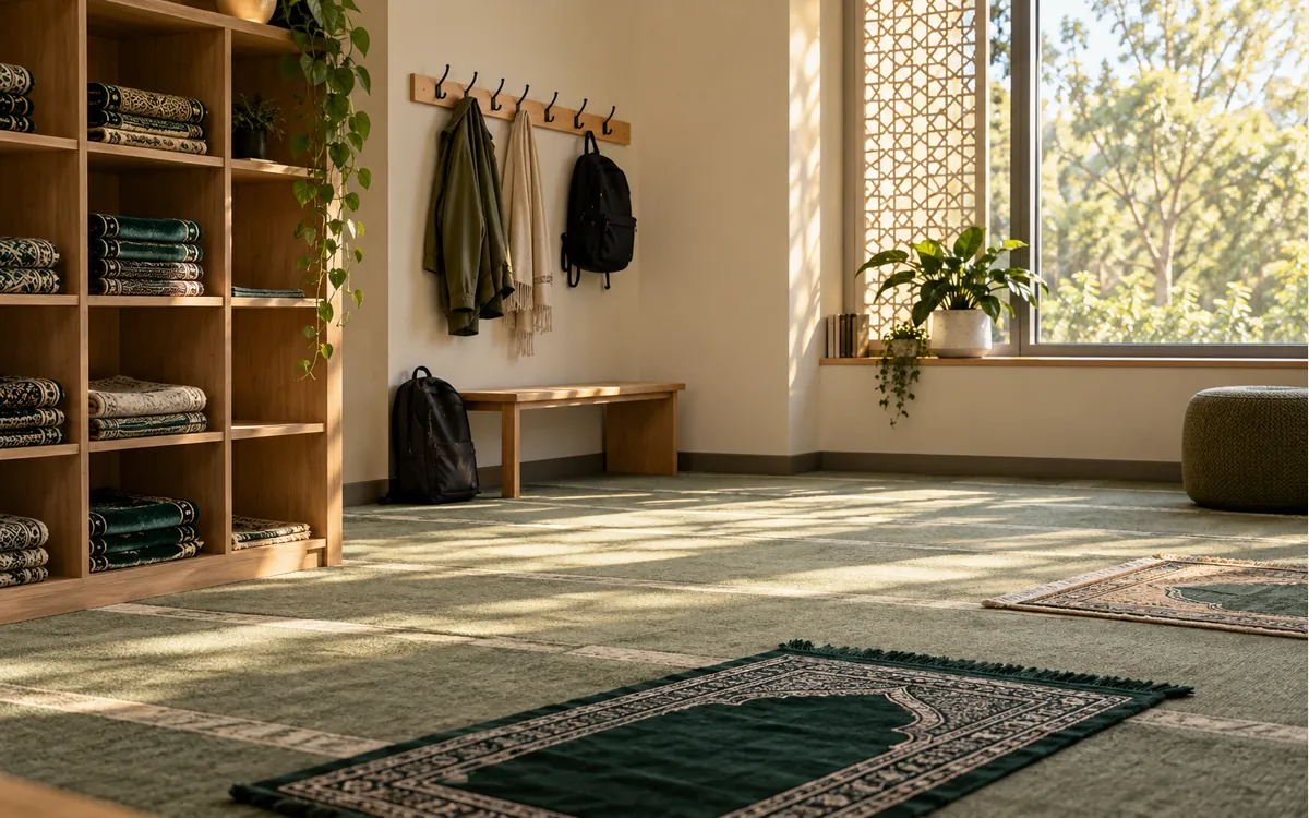 AI-generated fictional campus quiet room with prayer mats, coats and backpacks