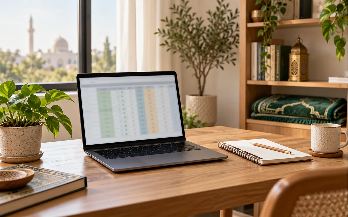 AI-generated home desk with an intentionally abstract spreadsheet; not an actual timetable export