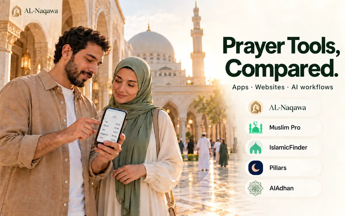 Promotional illustration of two people viewing a phone near mosque architecture, with prayer-tool service names.